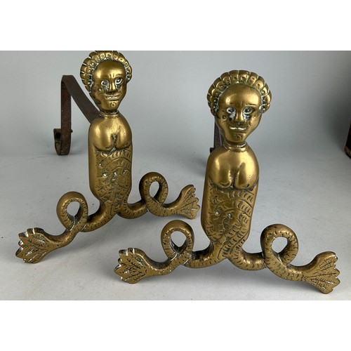 446 - A PAIR OF 19TH CENTURY BRASS FIREDOGS DEPICTING A MALE FIGURE OF A SEA GOD