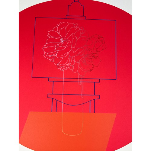 419 - DERRICK GREAVES (1927-2002),

Untitled aquatint of a still life on an easel, with a red background. ... 