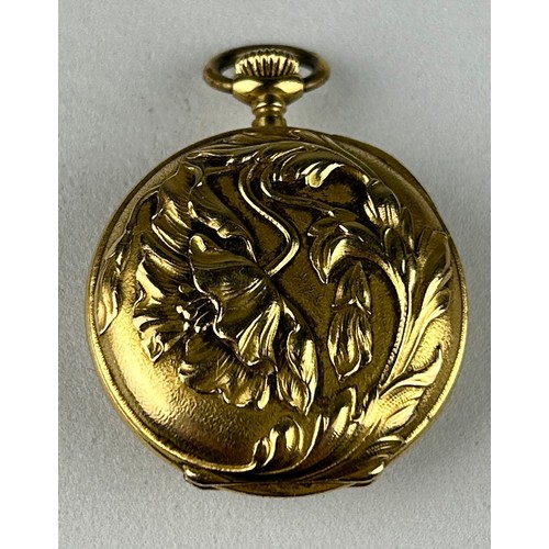19 - A TIFFANY AND CO ART NOUVEAU 18CT GOLD FLORAL POCKET WATCH, 

Dated 1902 inside. 

Not currently wor... 