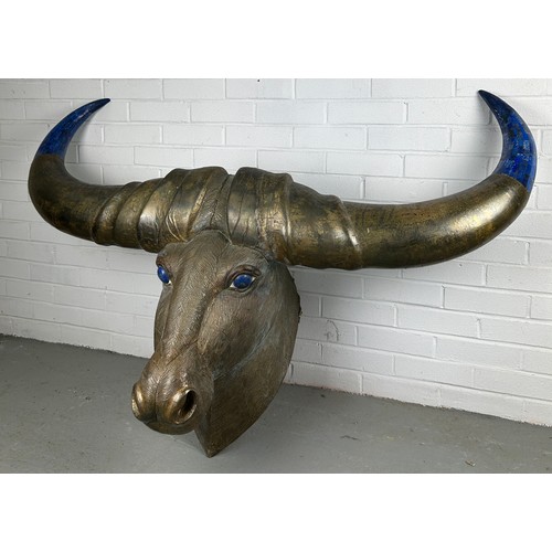 504 - A LARGE BRONZE BUFFALO WITH LAPIS LAZULI HORNS