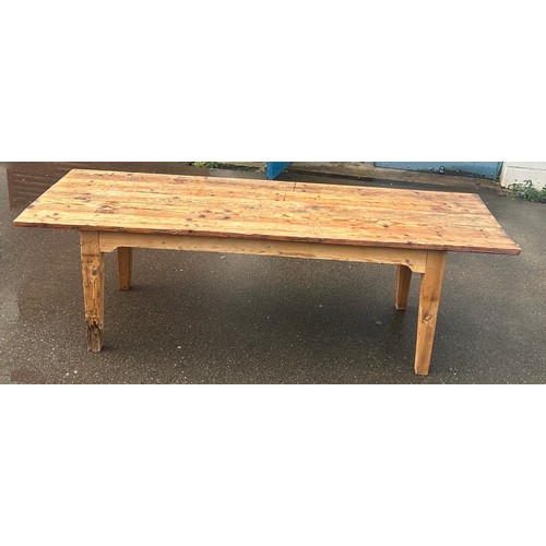 493 - A FRENCH PINE PLANK TOP KITCHEN TABLE, 253cm w x 86cm d x 78cm h