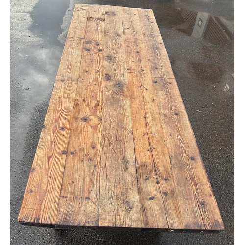 493 - A FRENCH PINE PLANK TOP KITCHEN TABLE, 253cm w x 86cm d x 78cm h