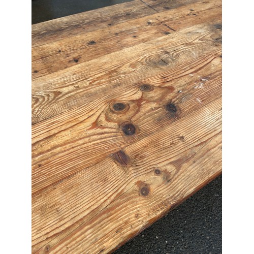 493 - A FRENCH PINE PLANK TOP KITCHEN TABLE, 253cm w x 86cm d x 78cm h