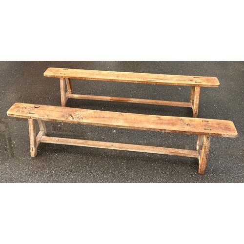 494 - A PAIR OF RUSTIC FRENCH PINE BENCHES, 220cm w x 33cm d x 46.5cm h (each) (2)