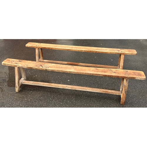 494 - A PAIR OF RUSTIC FRENCH PINE BENCHES, 220cm w x 33cm d x 46.5cm h (each) (2)