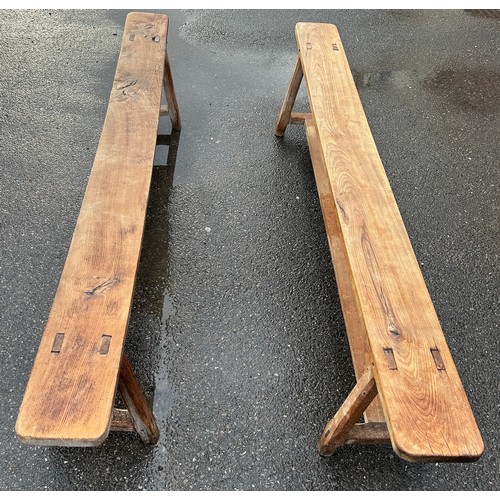 494 - A PAIR OF RUSTIC FRENCH PINE BENCHES, 220cm w x 33cm d x 46.5cm h (each) (2)