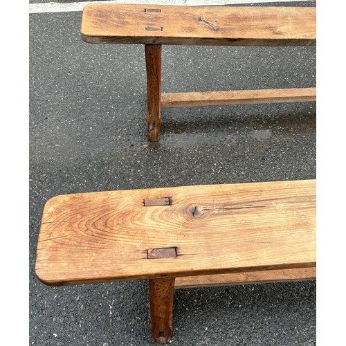 494 - A PAIR OF RUSTIC FRENCH PINE BENCHES, 220cm w x 33cm d x 46.5cm h (each) (2)