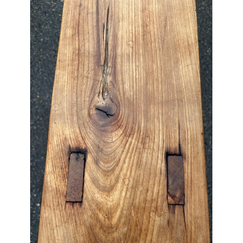 494 - A PAIR OF RUSTIC FRENCH PINE BENCHES, 220cm w x 33cm d x 46.5cm h (each) (2)