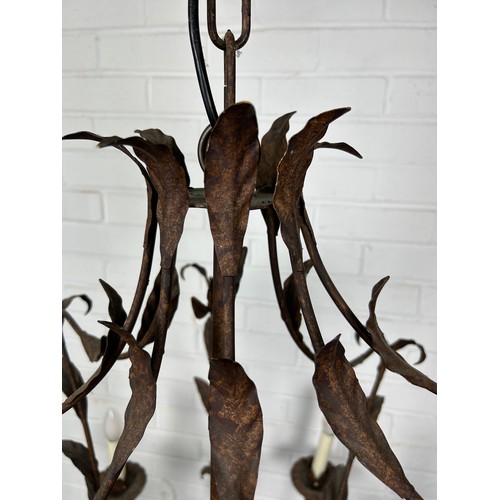 505 - A LARGE TEN ARM WROUGHT IRON CHANDELIER OF LEAF DESIGN,

110cm x 110cm