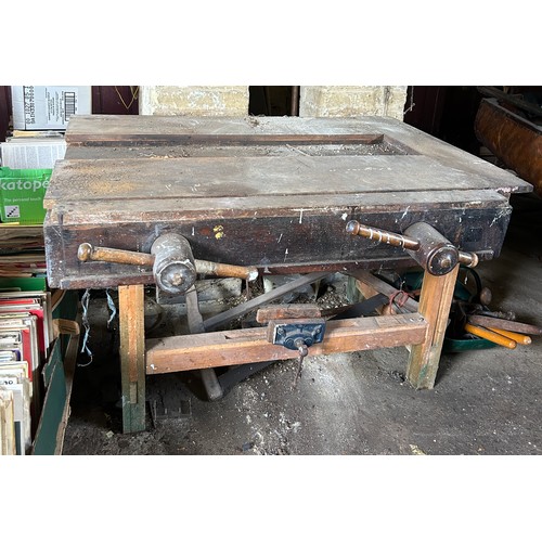 492 - A LARGE VINTAGE WORKBENCH ALONG WITH TOOLS AND THREE UNRELATED MARBLE TOPS (Qty)

Please note this l... 