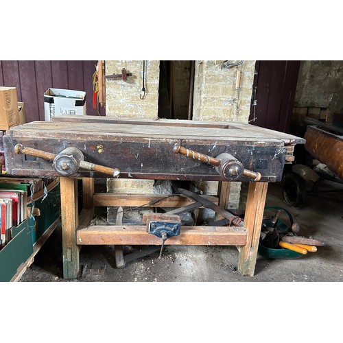 492 - A LARGE VINTAGE WORKBENCH ALONG WITH TOOLS AND THREE UNRELATED MARBLE TOPS (Qty)

Please note this l... 