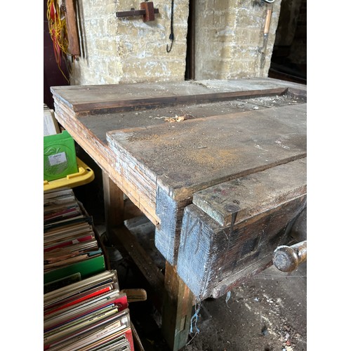 492 - A LARGE VINTAGE WORKBENCH ALONG WITH TOOLS AND THREE UNRELATED MARBLE TOPS (Qty)

Please note this l... 