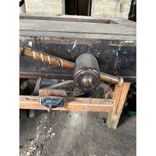 492 - A LARGE VINTAGE WORKBENCH ALONG WITH TOOLS AND THREE UNRELATED MARBLE TOPS (Qty)

Please note this l... 