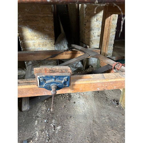 492 - A LARGE VINTAGE WORKBENCH ALONG WITH TOOLS AND THREE UNRELATED MARBLE TOPS (Qty)

Please note this l... 