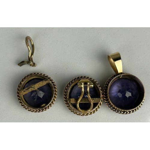 11 - A SET OF SYNTHETIC CORUNDUM GOLD MOUNTED PENDANT AND PAIR OF EARRINGS (3), 

One earring clasp needs... 