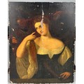 AFTER TITIAN: OIL ON BOARD PAINTING OF A MAIDEN WITH MALE FIGURE IN THE BACKGROUND