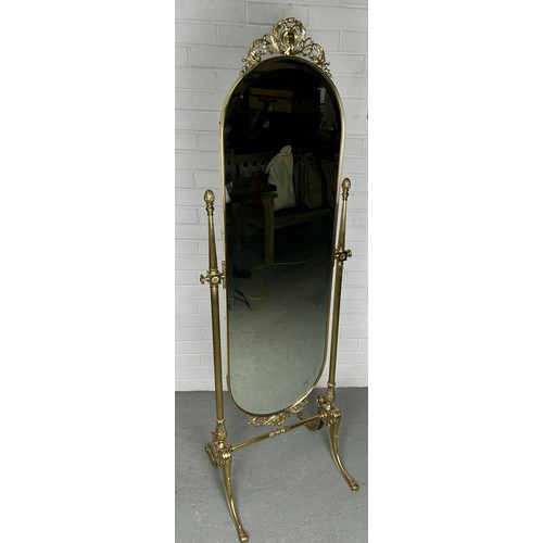 542 - A TALL BRASS CHEVAL MIRROR, 162cm h x 54cm w