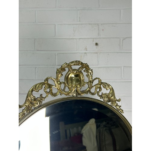 542 - A TALL BRASS CHEVAL MIRROR, 162cm h x 54cm w