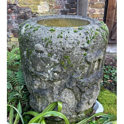 490 - A LARGE AND UNUSUAL JAPANESE STONE CISTERN DECORATED WITH DEER, 

73cm x 73cm

Please note this lot ... 