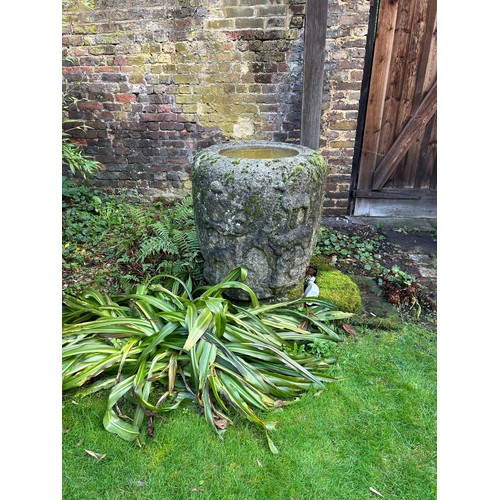 490 - A LARGE AND UNUSUAL JAPANESE STONE CISTERN DECORATED WITH DEER, 

73cm x 73cm

Please note this lot ... 