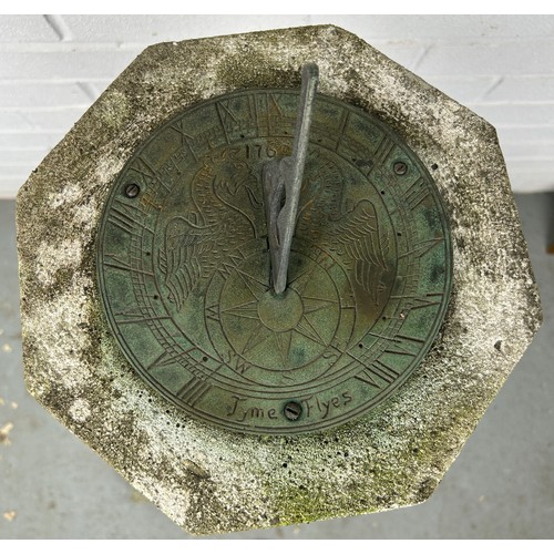 490A - A LARGE STONE SUNDIAL, 

Dated 1793 'Time Flyes', but later.

Diameter of top: 25cm 
Diameter of bas... 