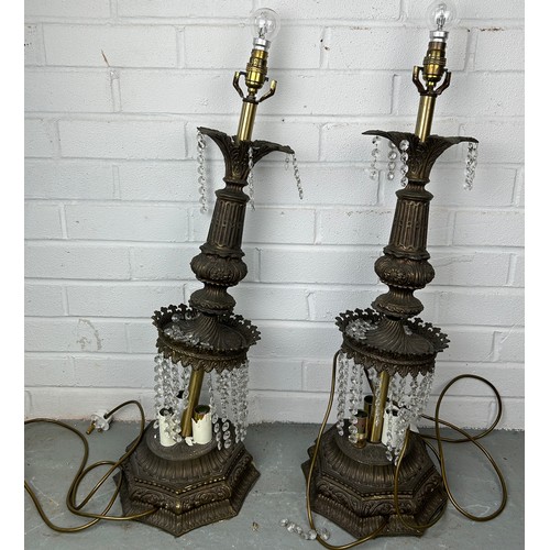 524 - A PAIR OF METAL LAMPS, with hanging glass detail, 75cm h (each) 


Both lamps are broken.