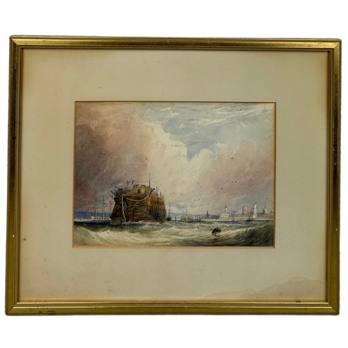 381 - A 19TH CENTURY WATERCOLOUR OF SHIPS ON CHOPPY WATERS, 

Signed J. Edge. Mounted in a frame and glaze... 