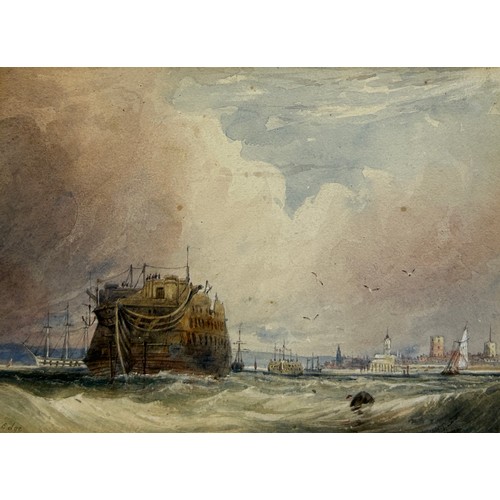 381 - A 19TH CENTURY WATERCOLOUR OF SHIPS ON CHOPPY WATERS, 

Signed J. Edge. Mounted in a frame and glaze... 