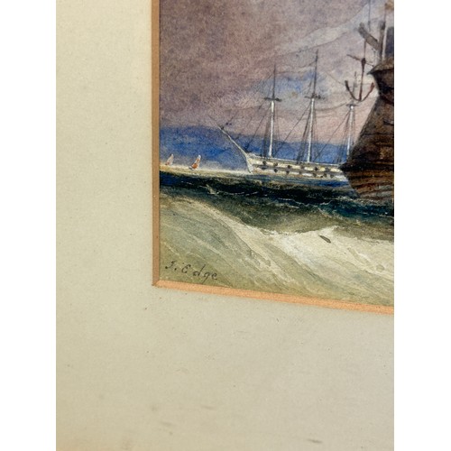 381 - A 19TH CENTURY WATERCOLOUR OF SHIPS ON CHOPPY WATERS, 

Signed J. Edge. Mounted in a frame and glaze... 