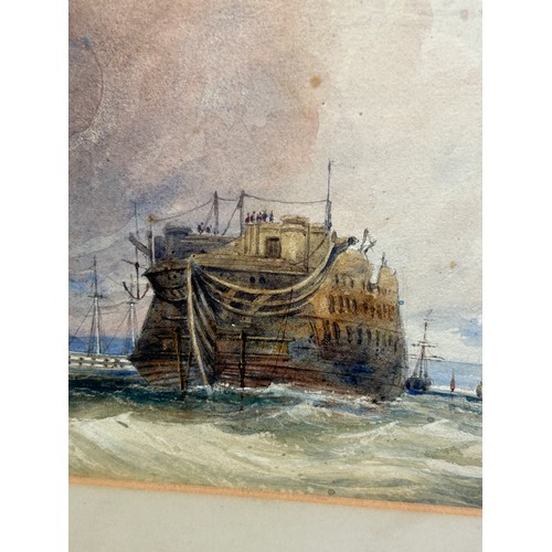 381 - A 19TH CENTURY WATERCOLOUR OF SHIPS ON CHOPPY WATERS, 

Signed J. Edge. Mounted in a frame and glaze... 