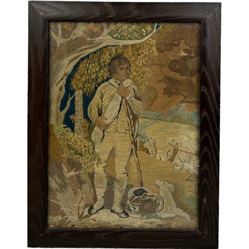 394A - A GEORGIAN PICTORAL WOOL WORK DEPICTING A YOUNG MAN WITH A DOG, 

Possibly late 18th century.