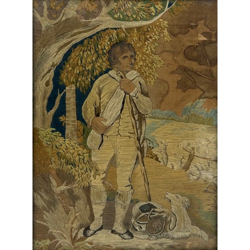 394A - A GEORGIAN PICTORAL WOOL WORK DEPICTING A YOUNG MAN WITH A DOG, 

Possibly late 18th century.