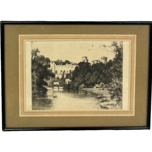 395 - A 19TH CENTURY ETCHING OF A FIGURE ROWING A BOAT ON A RIVER WITH A CASTLE IN THE BACKGROUND,

Mounte... 