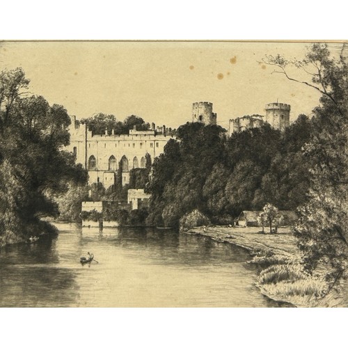 395 - A 19TH CENTURY ETCHING OF A FIGURE ROWING A BOAT ON A RIVER WITH A CASTLE IN THE BACKGROUND,

Mounte... 