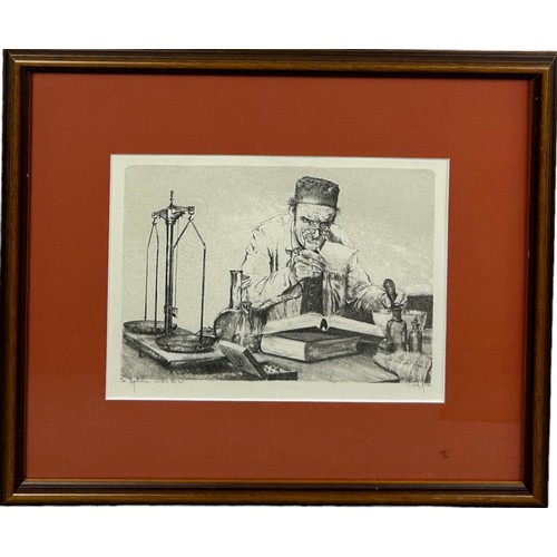 396 - AN ETCHING OF AN ALCHEMIST OR SCIENTIST, 

Titled and numbered edition signed by the artist indistin... 