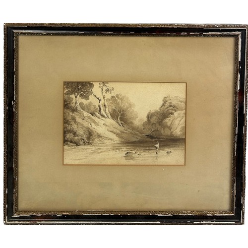 391 - A 19TH CENTURY PEN INK AND WASH DRAWING OF A BOY FISHING IN A RIVER