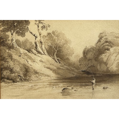 391 - A 19TH CENTURY PEN INK AND WASH DRAWING OF A BOY FISHING IN A RIVER