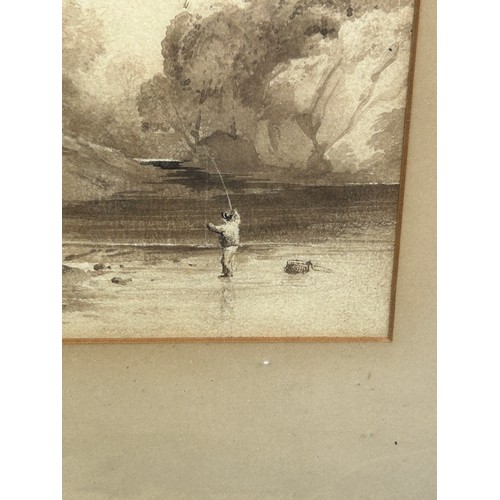 391 - A 19TH CENTURY PEN INK AND WASH DRAWING OF A BOY FISHING IN A RIVER