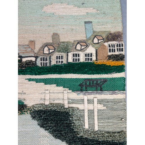 439A - A 1960'S SCANDINAVIAN PICTORAL LANDSCAPE WOOL WALL HANGING

101cm x 79cm