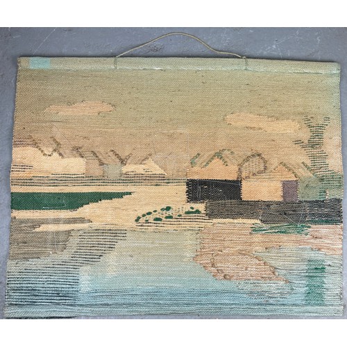 439A - A 1960'S SCANDINAVIAN PICTORAL LANDSCAPE WOOL WALL HANGING

101cm x 79cm