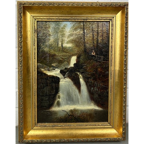 369 - ATTRIBUTED TO EDWARD PRIESTLY: A VICTORIAN OIL ON CANVAS PAINTING OF RYDELL UPPER FALL WITH A GENTLE... 