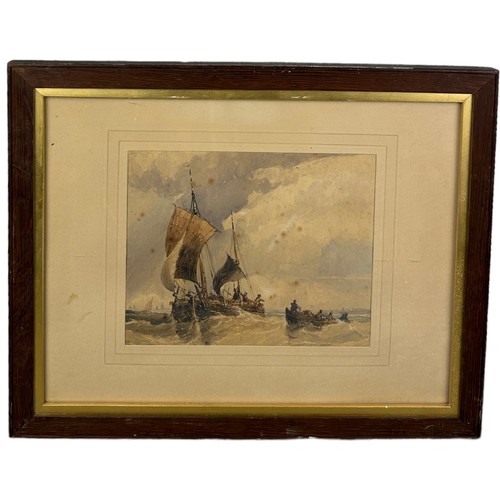 383 - A 19TH CENTURY WATERCOLOUR PAINTING ON PAPER OF SHIPS IN A HARBOUR,

Mounted in a frame and glazed.