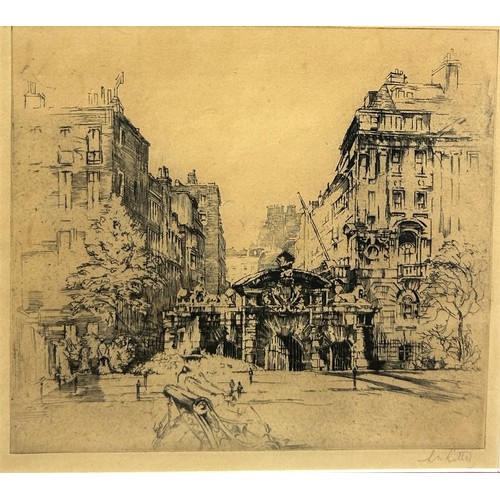 397 - AN ETCHING OF A GENTLEMAN SITTING ON A BENCH OUTSIDE A LARGE BUILDING, 

Signed indistinctly in penc... 