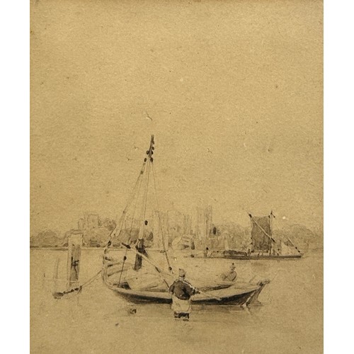 392 - A PEN INK AND WASH DRAWING OF TWO MEN WADING BESIDE A SAILBOAT IN A HARBOUR