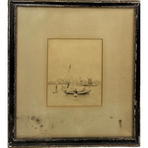 392 - A PEN INK AND WASH DRAWING OF TWO MEN WADING BESIDE A SAILBOAT IN A HARBOUR