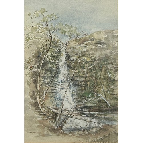 389 - JOAN PRYNN WATERCOLOUR ON PAPER OF TREES BESIDE A WATERFALL,

Mounted in a frame and glazed.