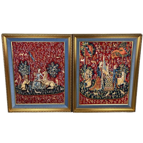 412A - A PAIR OF FRENCH NEEDLEWORK PICTURES, GILT FRAMED AND MOUNTED IN BLUE VELVET, 78cm h X 68cm w (each)