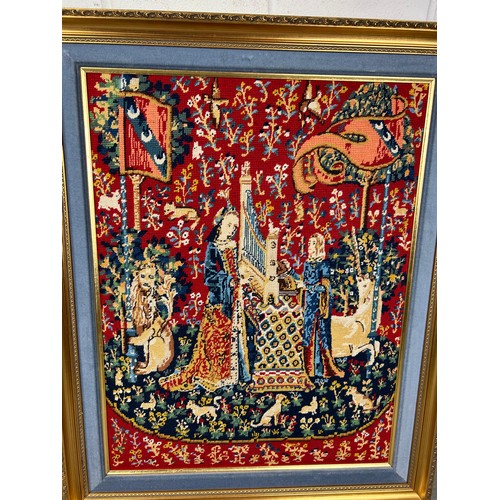 412A - A PAIR OF FRENCH NEEDLEWORK PICTURES, GILT FRAMED AND MOUNTED IN BLUE VELVET, 78cm h X 68cm w (each)