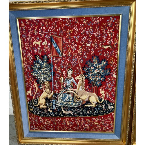 412A - A PAIR OF FRENCH NEEDLEWORK PICTURES, GILT FRAMED AND MOUNTED IN BLUE VELVET, 78cm h X 68cm w (each)