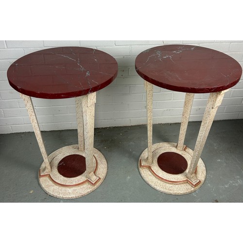 456 - A PAIR OF SIMULATED MARBLE PAINTED GUERIDON TABLES WITH RED VARIEGATED MARBLE TOPS (2) 

75CM X 52CM... 